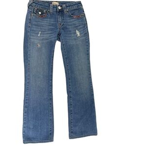 Vigoss Boho Bootcut Embellished Flap Pocket Blue Jeans Size 3/4